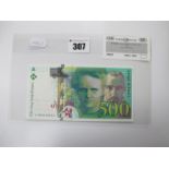 Banque De France 500 Francs Banknote, 1994, Pierre and Marie Curie, number A008920670, high grade
