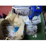 A Box of Mainly Used Stamps, on and off paper in plastic bags and tins, thousands to sort.