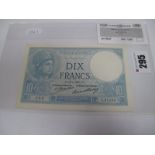 Banque De France Dix Francs 'Minerve' Banknote, 10th January 1928, 295, S.47298, high grade.
