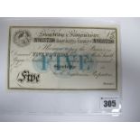Private Town Banknote, unissued five pounds, Stourbridge and Kidderminster Banking Company, dated