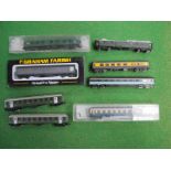 Eight "N" Gauge Loose and Cased Coaches, by Lima, Trix, Grafar and Bachmann, Continental outline