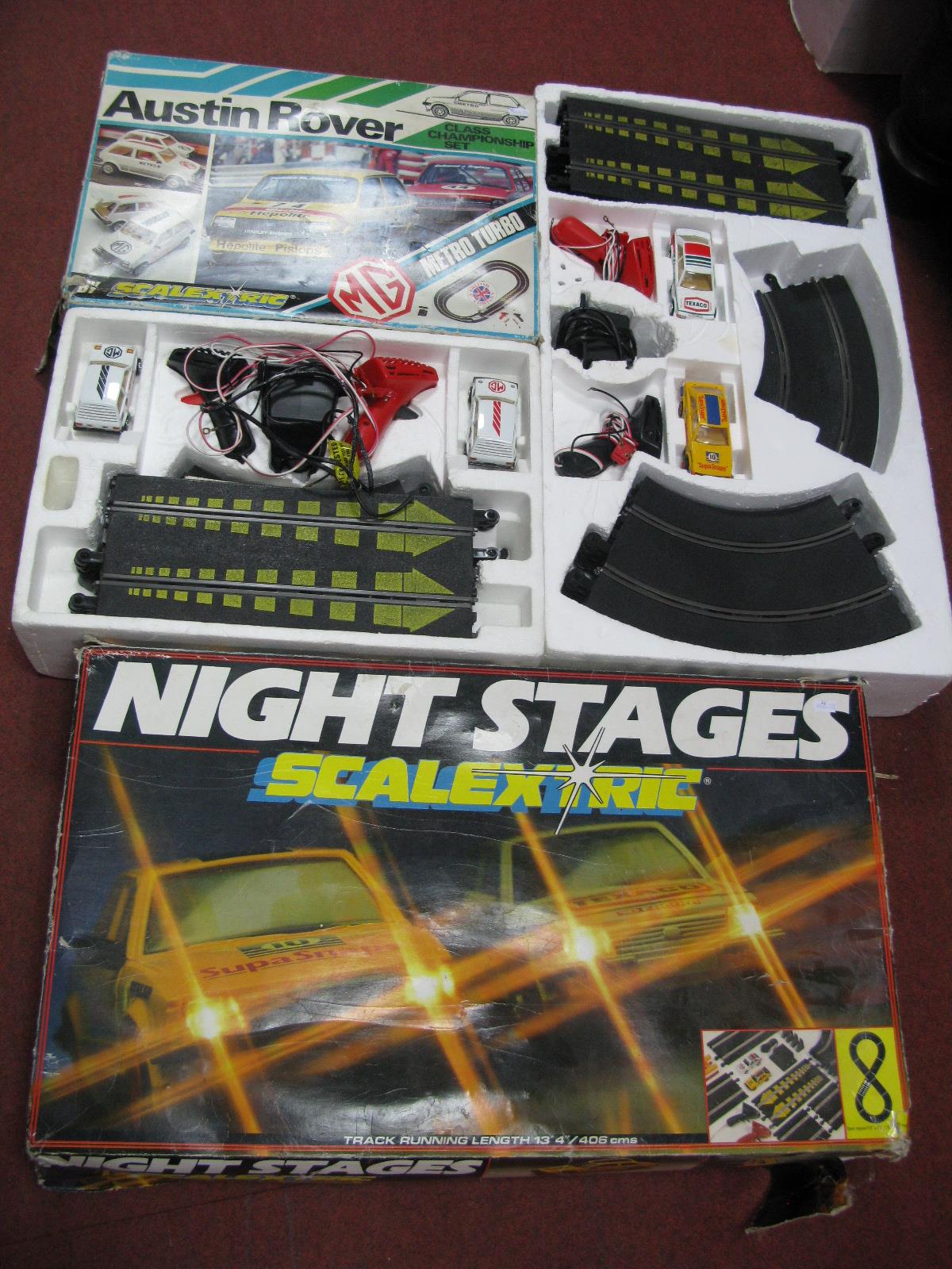 Two Scalextric Slot Car Racing Sets, comprising of Night Stages Ford Escort XR3i Two Car Set, Austin