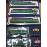 Five Bachmann ''OO'' Gauge/4mm BR/SR Green Coaches- Boxed: composite R/No. S58715, S825- Brake R/