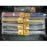 Nine Ibertren 'N' Gauge Cased Continental Outline Coaches/Wagons, various liveries, condition fair