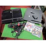Two Sony Playstation 3 Gaming Consoles, two Singstar Microphones, cables, FIFA 10, Fate Games,