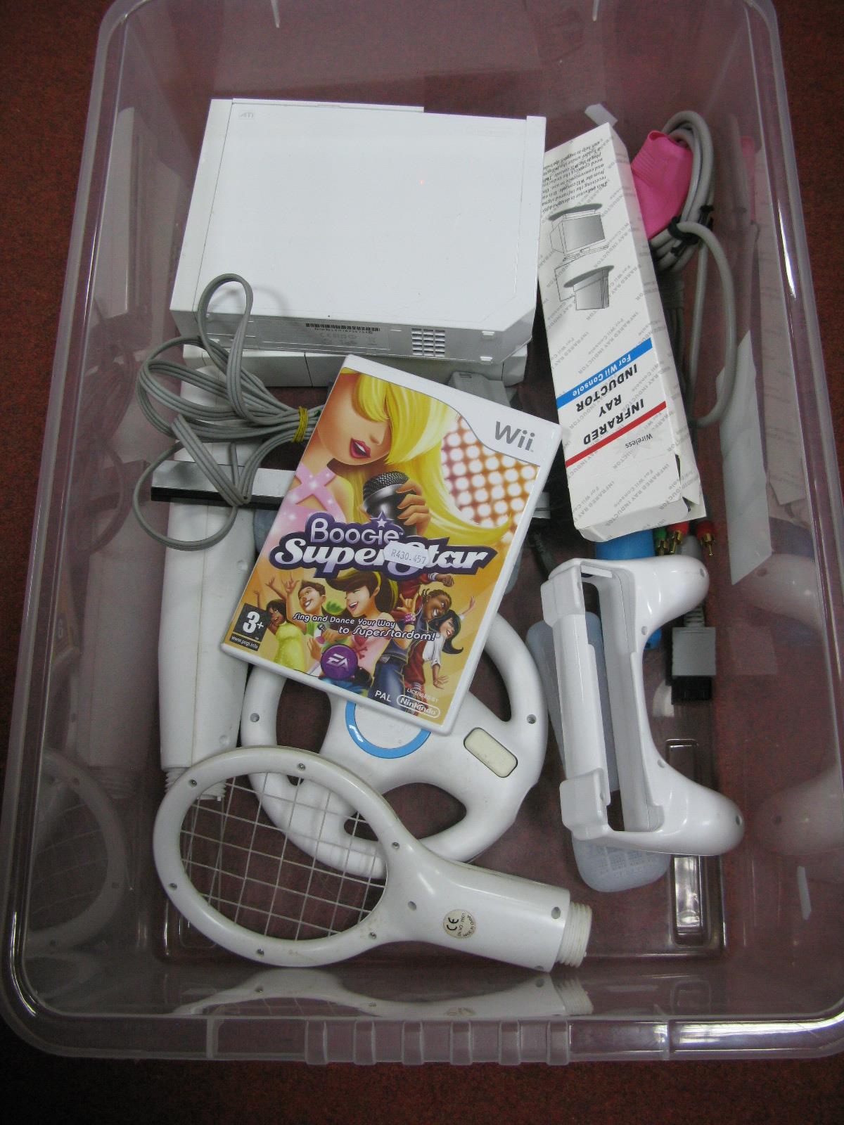 Two Nintendo Wii Gaming Consoles, (white), accessories, Boogie Superstar Game, untested.