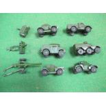 Nine Original Dinky Diecast Model Military Vehicles, Guns, Trailer, including field artillery