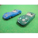 Two 1960's Scalextric Lister Jaguars, one green, one blue, both playworn.