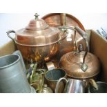 Copper Tea Urn, kettle silver plated tankards, other metal wares, warming pan:- One Box