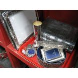 A Hallmarked Silver 'Envelope' Stamp Case, two silver hallmarked brooches' plated jewellery boxes,