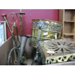 XIX Century Brass Pedestal Trivet, fire irons on triangular stand, pierced brass jardiniere and