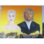 A Painting on Board Depiciting Annie Lennox and Dave Stewart, of the 1980's Band The Eurythmics,