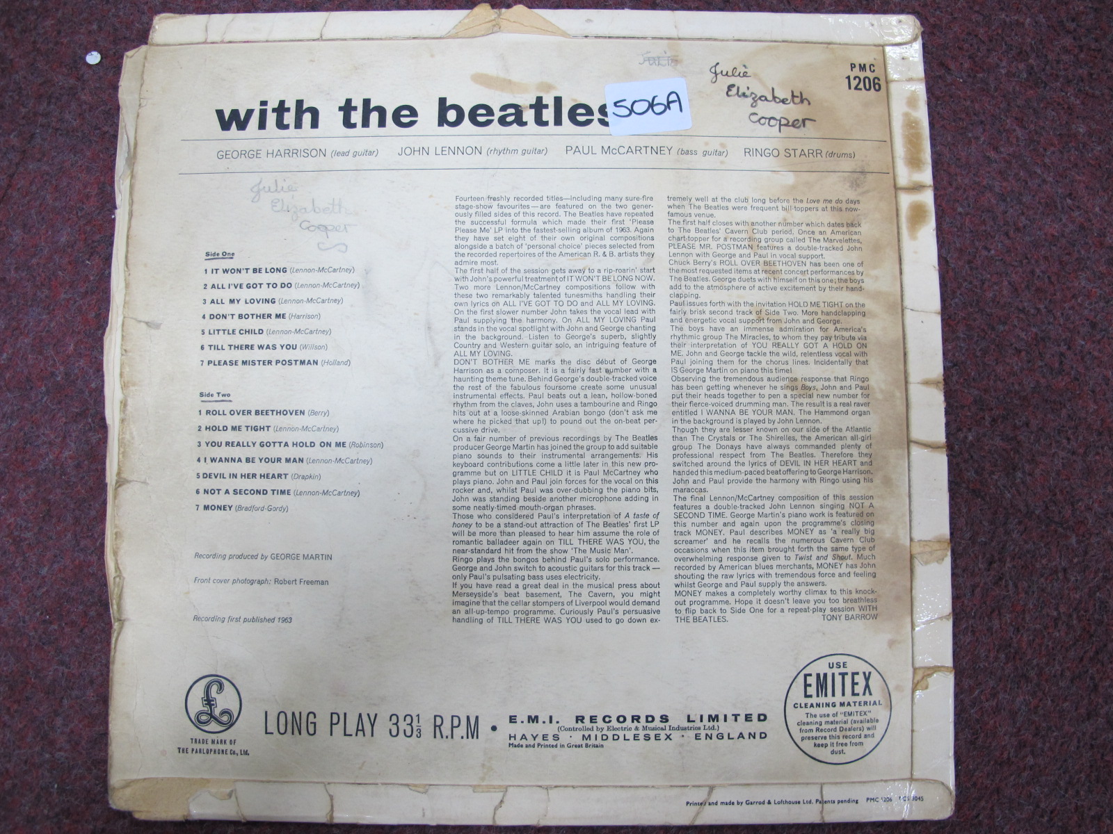 The Beatles Interest: - With The Beatles LP, PMC 1206.