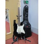 A Yamaha Pacifica 012 Black Electric Guitar (Six String), soft carry case, floor stand.
