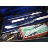 Harrison Bros & Howson Carving Set, James Dixon Table Knives, (cased), loose cutlery.