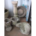 Garden Ornaments, bird bath 61cm high, pair of small boot planters and an otter ornament (4)