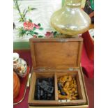 A Carved African Chess Set, in a carved box, brass oil lamp, brass mortar etc:- One Box