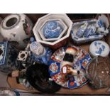 Oriental Imari Plates, table lamp, ginger jar, figure, vase etc:- One Box