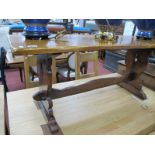 Oak Rectangular Shaped Coffee Table, on trestle supports, centre rail.