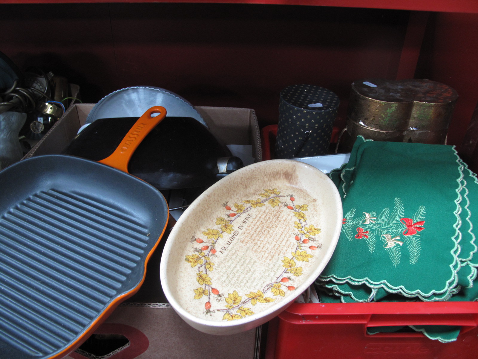 Kitchenware, including Invicta griddle, Tefal Wok, Le Creuset pan, Screwfull, cutlery, etc:- Two
