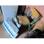 A Pair of Metal Tubular Chairs, together with a pair of marble tops 50cm x 50cm.