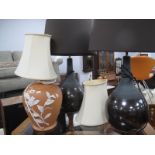 Lamps, pair in black/grey with bulbous base tapering to shade, 73cm high. Plus one other
