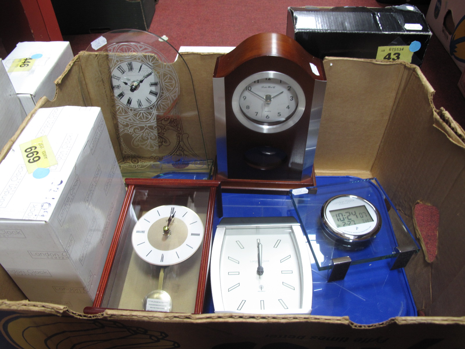 Three Modern Mantel Clocks, boxed; a "London Clock" clock and a modern "London Clock" digital