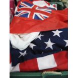 Flags, White Ensign, 255 x 125cm, also England and America, some hand held ones:- One Box