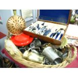 Walnut Canteen of Cutlery, tankards, pig door stop, roaster, etc:- in wicker basket.