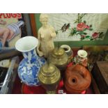 Japanese Vases, pair Beneres brass urns with covers, resin maiden, etc:- One Tray