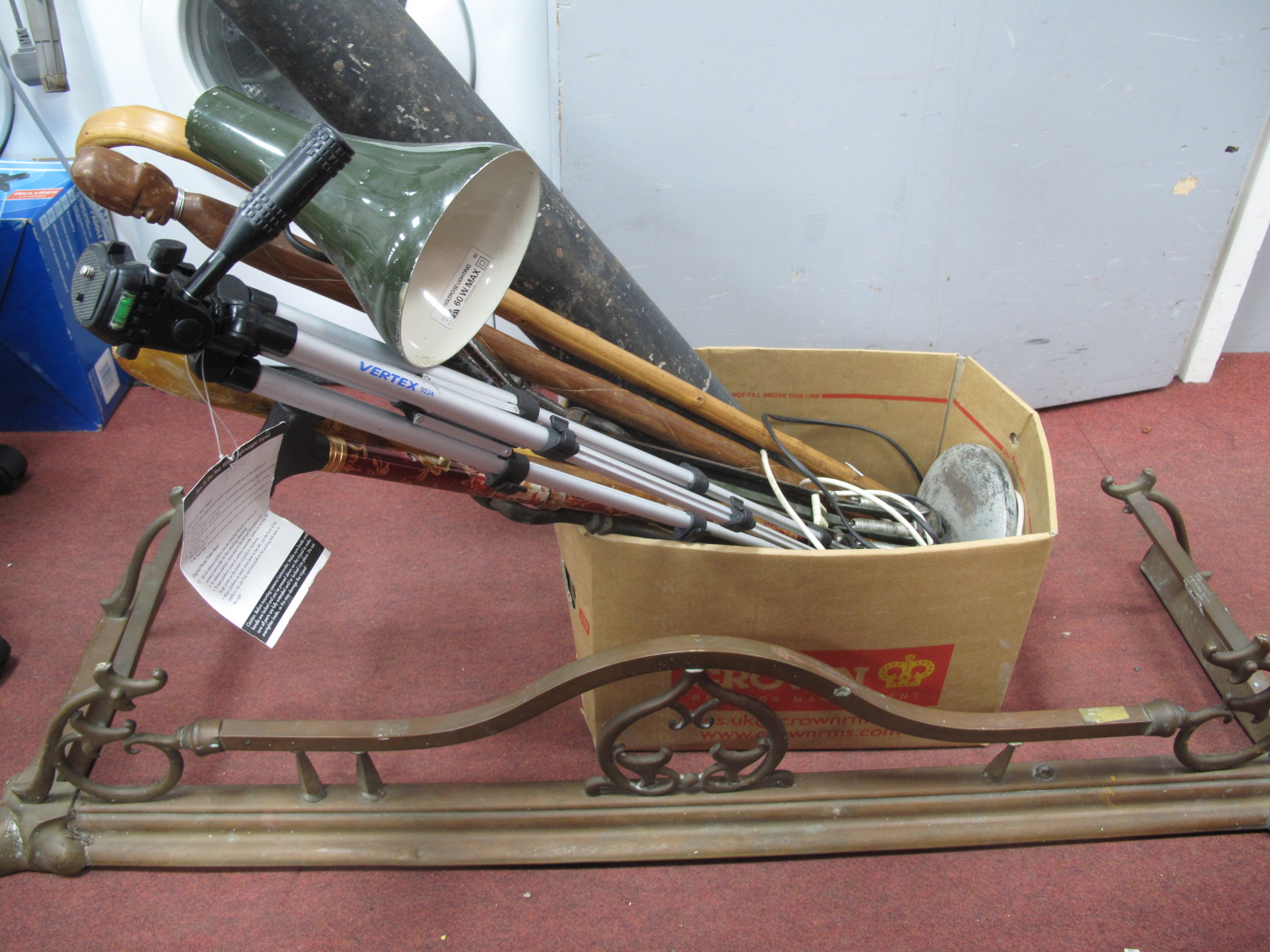 Angle Poise Lamp, walking canes, fire irons, cylindrical tin box:- One Box with a brass fender.