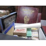 Cigarette Cards, two World Cup folios, a large vintage, Blackpool proof postcards, etc:- One Box