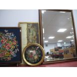 Rectangular Bevelled Wall Mirror, in wood frame, 70 x 98cm, print, needlework and firescreen. (4)