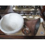 Stoneware Mortar & Pestle, copper funnel, candle stand, tastevin.