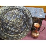 Embossed Brass Covered Log Box, with galvanised liner, wall plaque, copper jug, (3)