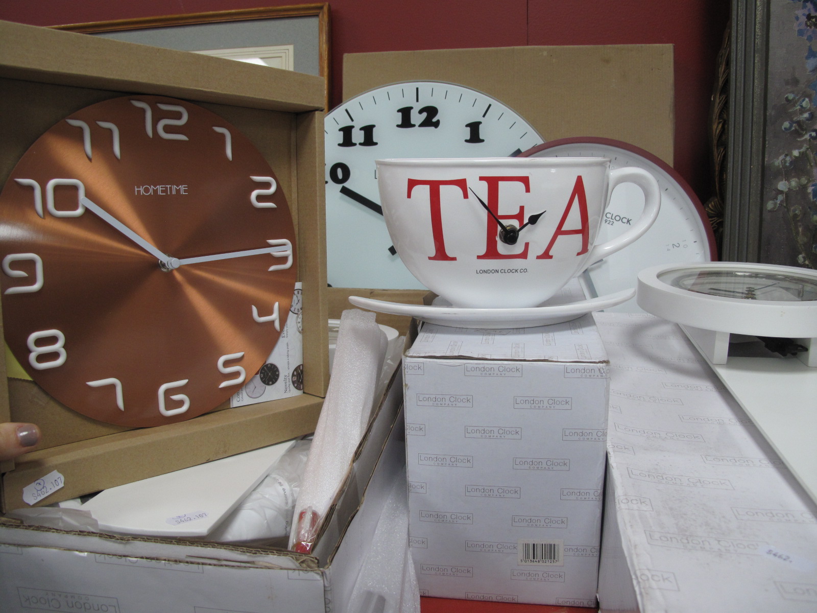 Three Stylish Modern "London Clock" White Wall Clock, each with pendulum, boxed; "London Clock"