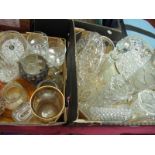 Cut and Pressed Glassware, including pedestal cake plates, decanters, vases, etc:- Two Boxes