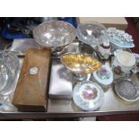 A Plated Posy Bowl, plated cigarette box, cut glass basket, pedestal bowl etc:- One Tray