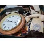 A Pine Cased Wall Clock, cream anvil telephone, a Betacom example as a golf club bag, Ilford