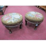 Pair of Early XX Century Walnut Stools, of circular form having tapestry tops and cabriole legs,