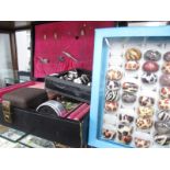 Jewellery Box, brooches, rings, compacts, earrings, large quantity of designer rings, in different