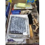 Turned Wooden Chess Set, playing cards, draughts, brush sets, evening bags, etc:- One Box