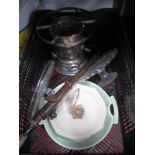 Apex Silver Plated Table Heater, two glass cakestands, a copper spray, etc:- One Box