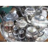 A Plated Heavy Four Piece Tea Service, Falstaff three piece tea service, two trays etc.