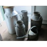 Four Milk Churns, one 77cm, two 54cm and one 42cm approximately, plus one galvanised watering