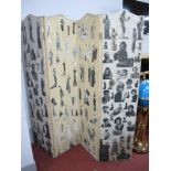 Four Panelled Folding Screen, with fixed scraps of early to mid XX Century Ladies.