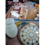 Vases, display plates, Doulton bell etc, and a leaded effect light fitting:- One Box.