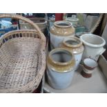 Stoneware Storage Jars, together with a wicker basket:- One Box
