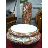 Large Pottery Jardiniere, on stand, red marble effect, approximately 49cm diameter.