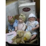 Four Ashton Drake Porcelain Dolls, (one boxed), soft teddy bear and duck, dolls armchair:- One Box